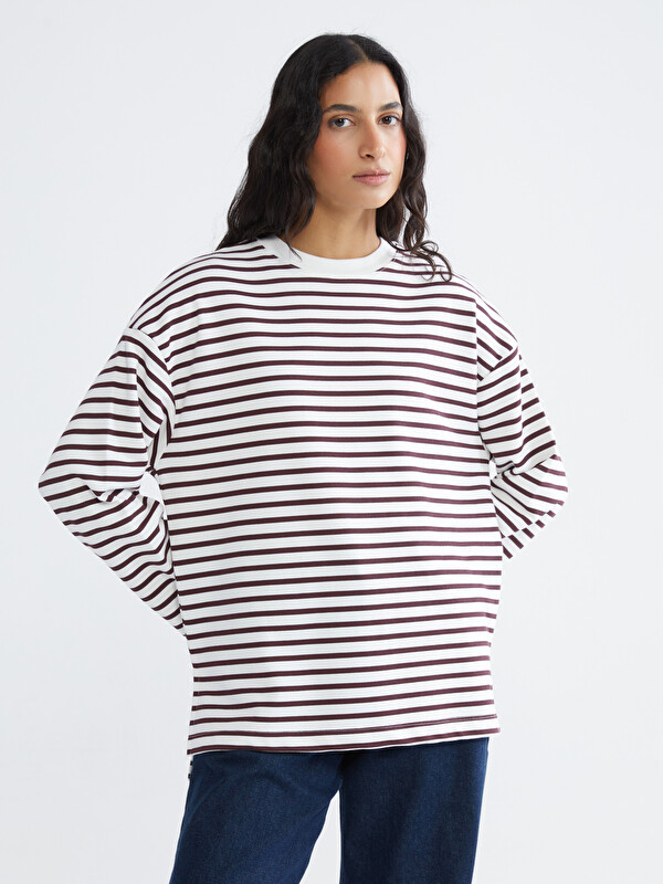 LCW Modest Çizgili Oversize Kadın Sweatshirt Tunik