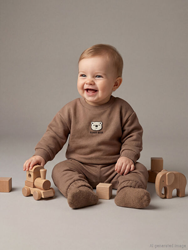 LCW baby Ayıcık Nakışlı Erkek Bebek Sweatshirt ve Eşofman Altı