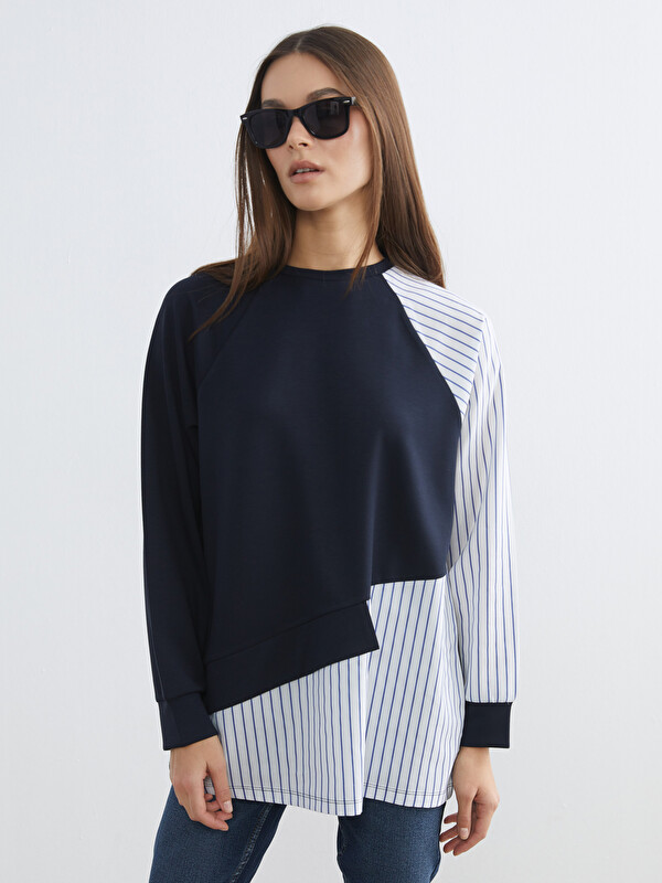 Natuvera Bisiklet Yaka Renk Bloklu Kadın Sweatshirt Tunik