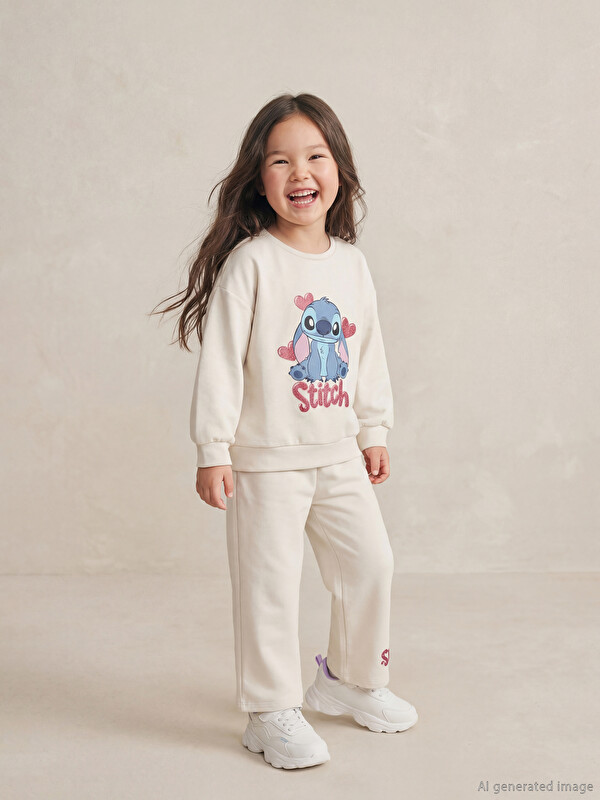 LCW Kids Stitch Baskılı Kız Çocuk Sweatshirt ve Eşofman Alt