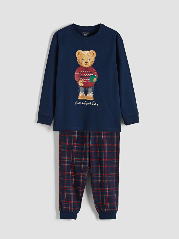 LCW Kids Bisiklet Yaka Ayı Teddy Baskılı Erkek Çocuk Pijama Takımı