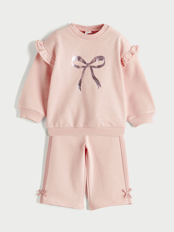 LCW baby Fiyonk Baskılı Kız Bebek Sweatshirt ve Pantolon Takım