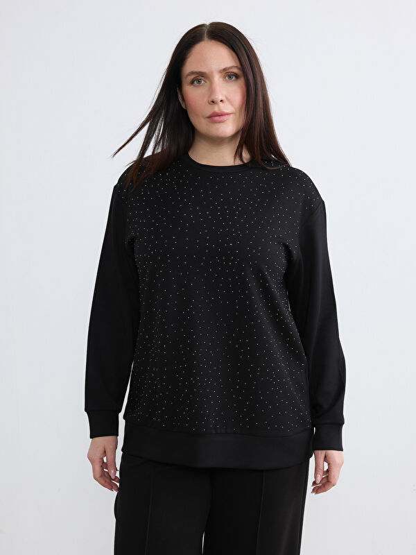 Soulife Büyük Beden Bisiklet Yaka Taşlı Kadın Sweatshirt