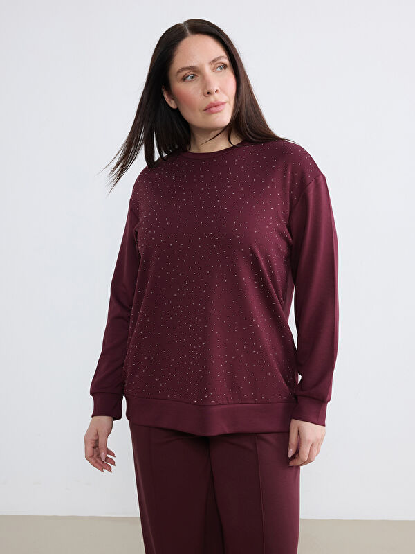 Soulife Büyük Beden Bisiklet Yaka Taşlı Kadın Sweatshirt
