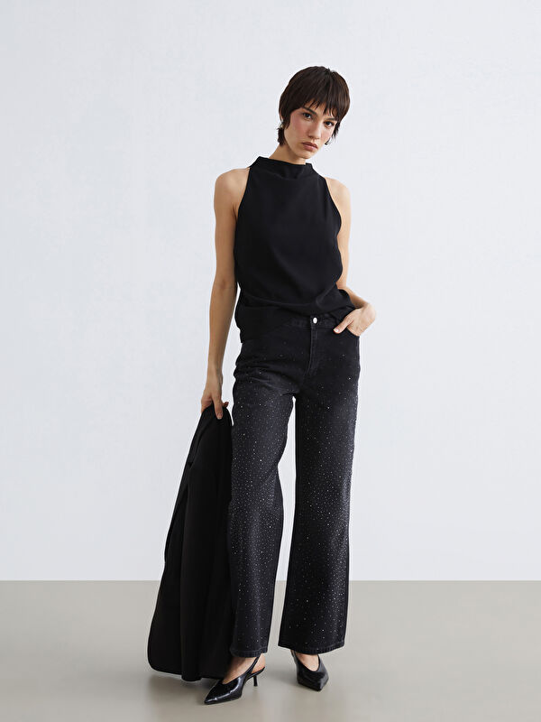 LCW Jeans Taşlı Wideleg Kadın Jean Pantolon	