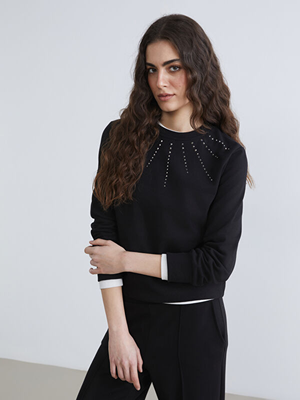 Natuvera Bisiklet Yaka Taşlı Kadın Sweatshirt