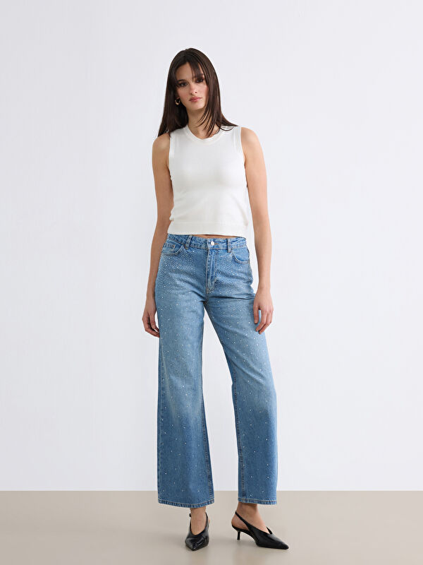 LCW Jeans Wideleg Taşlı Kadın Jean Pantolon