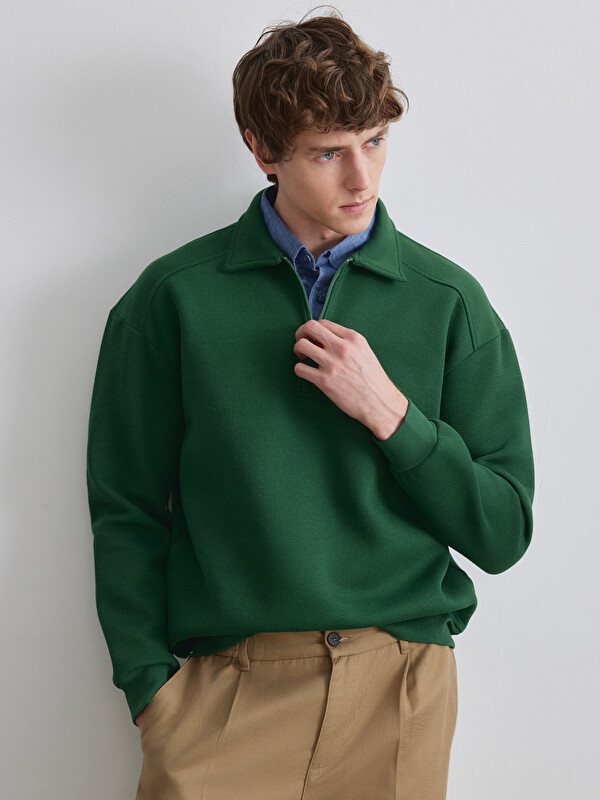 LCW Vision Fermuarlı Polo Yaka Erkek Dokulu Sweatshirt