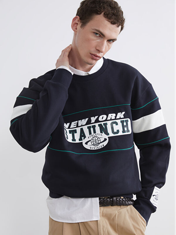 LC WAIKIKI Bisiklet Yaka Baskılı Erkek Kalın Sweatshirt