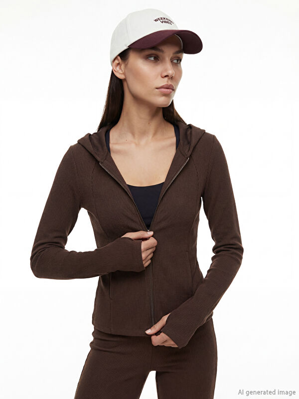 KOOR SPORT Kapüşonlu Parmak Geçmeli Soft Touch Kadın Fermuarlı Sweatshirt