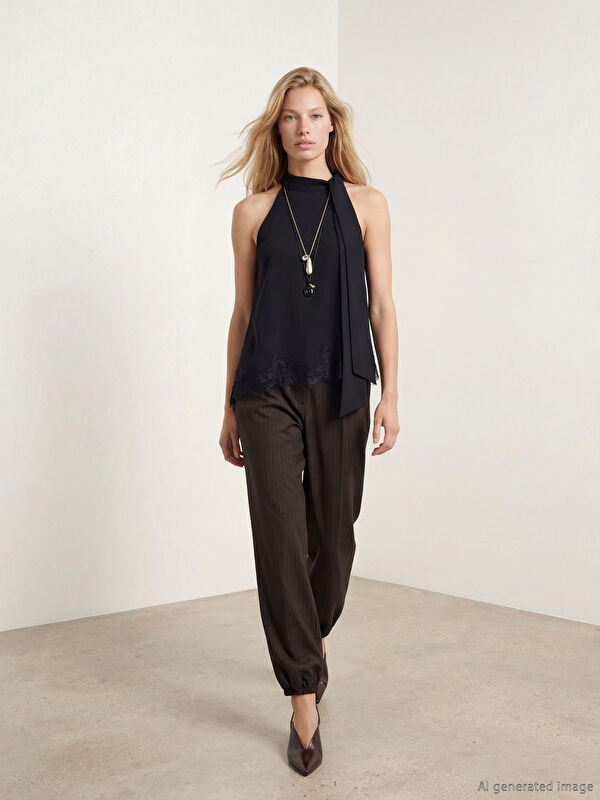 LCW Vision Loose Fit Çizgili Kadın Pileli Jogger Pantolon