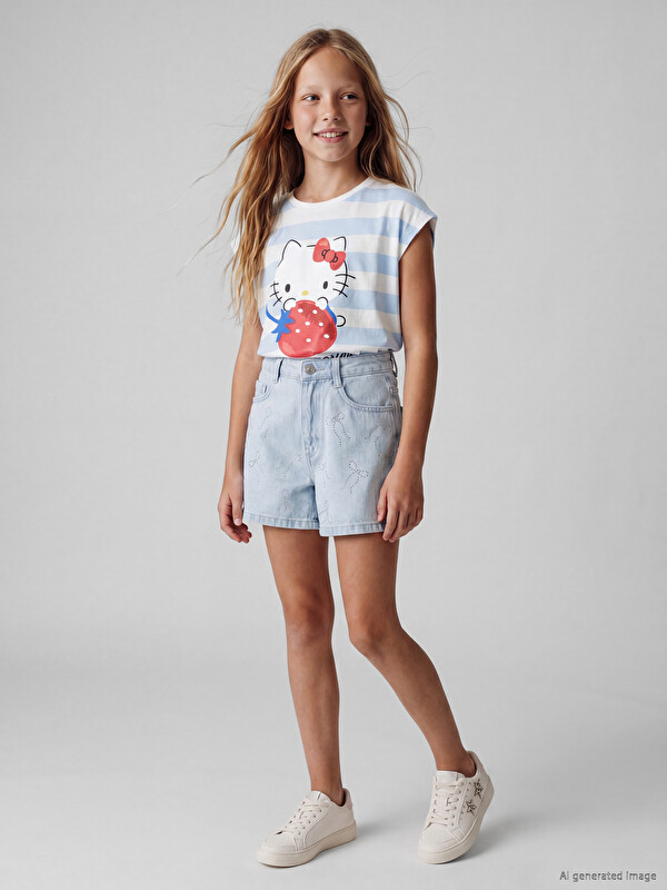 LCW Kids Taş İşlemeli Fiyonk Desenli Kız Çocuk Jean Şort
