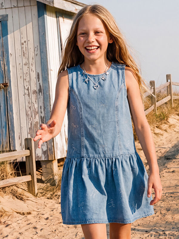 LCW Kids Taşlı Kız Çocuk Jean Elbise