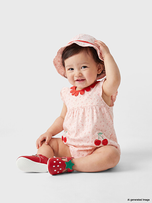 LCW baby Bebe Yaka Baskılı Kız Bebek Şapkalı Tulum