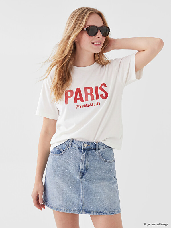 XSIDE Bisiklet Yaka Paris Baskılı Kadın Tişört