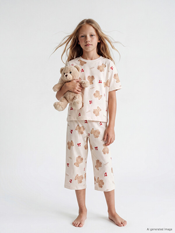 LCW Kids Printed Girls' Capri Pyjamas Set