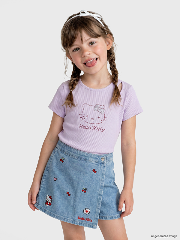 LCW Kids Hello Kitty Taşlı Kız Çocuk Fitilli Tişört