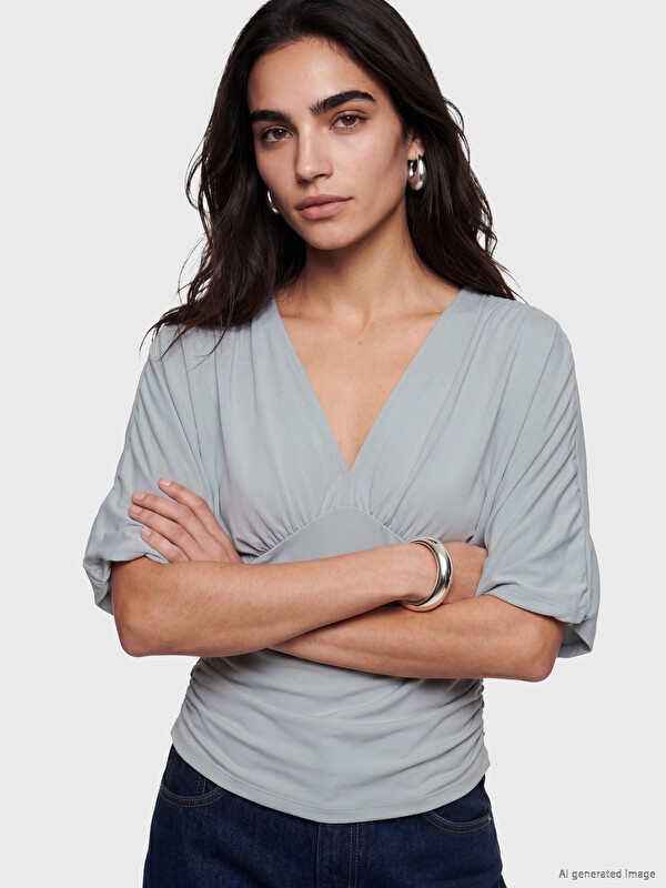 LCW Vision V Neck Ruched Batwing Sleeve Blouse