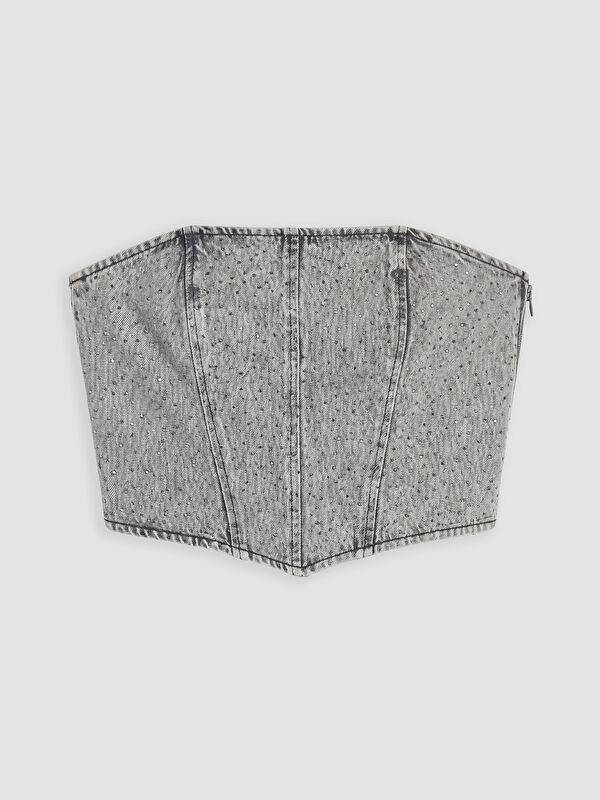 XSIDE Straplez Yaka Taşlı Crop Jean Bluz
