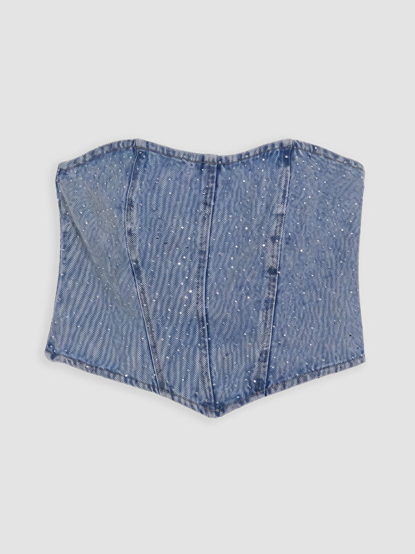 XSIDE Straplez Yaka Taşlı Crop Jean Bluz