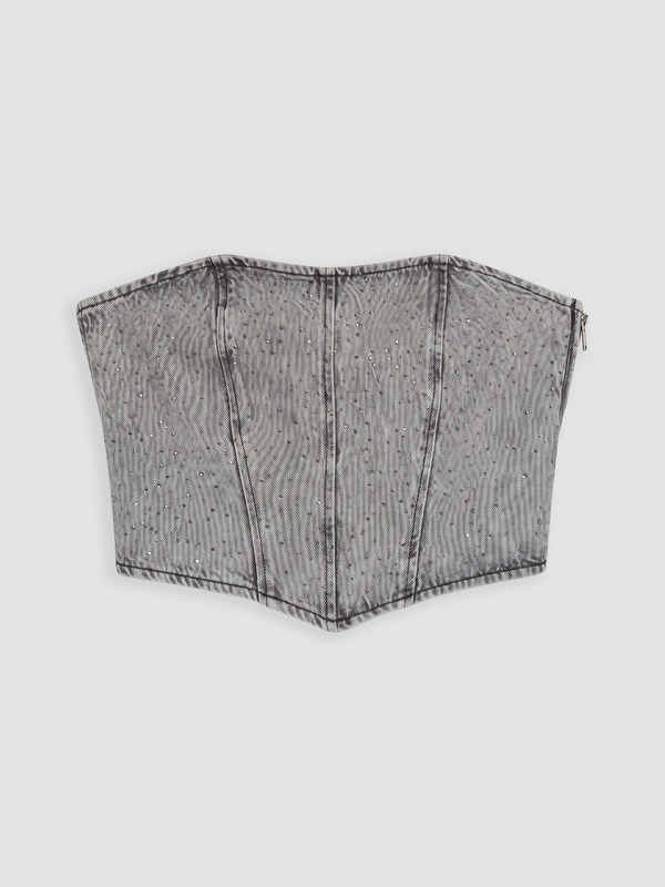 XSIDE Straplez Yaka Taşlı Crop Jean Bluz