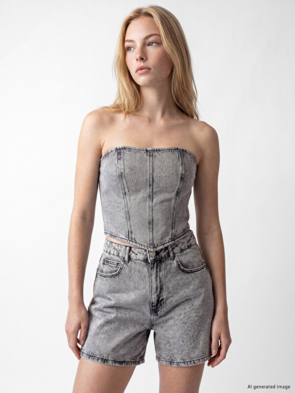 XSIDE Straplez Yaka Taşlı Crop Jean Bluz