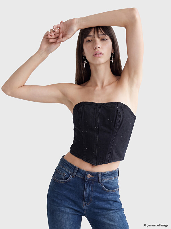 XSIDE Strapless Collar Rhinestone Embellished Women's Denim Corset Blouse