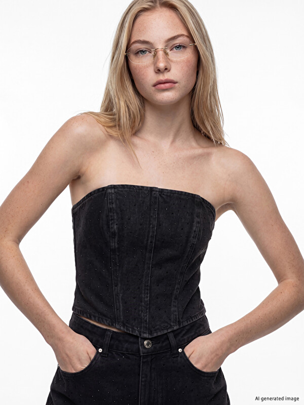XSIDE Straplez Yaka Taşlı Crop Jean Bluz