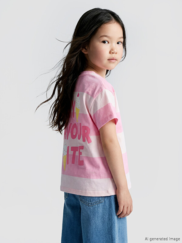 LCW Kids Bisiklet Yaka Çizgili Kız Çocuk Tişört