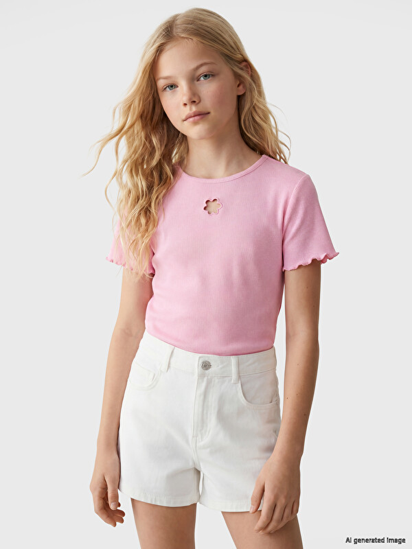 LCW Kids Crew Neck Floral Detailed Girls' T-Shirt