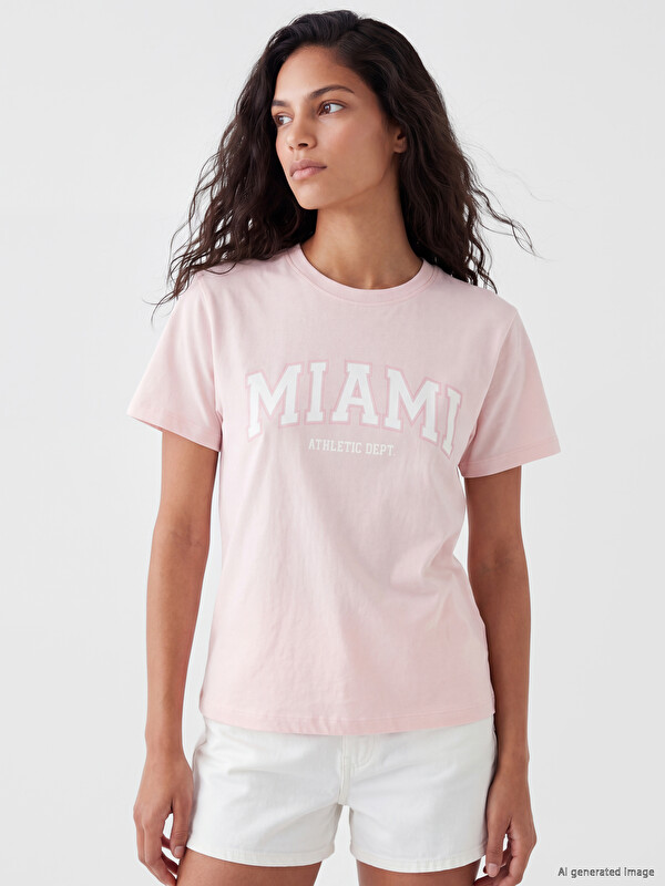 XSIDE Miami Baskılı %100 Pamuklu Kadın Tişört