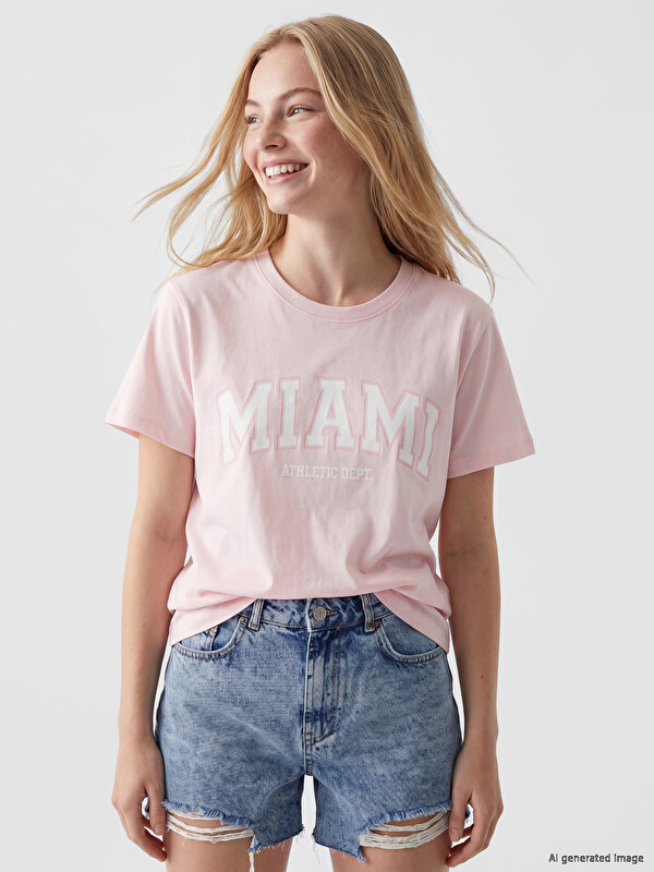 XSIDE Bisiklet Yaka Miami Baskılı Kadın Tişört