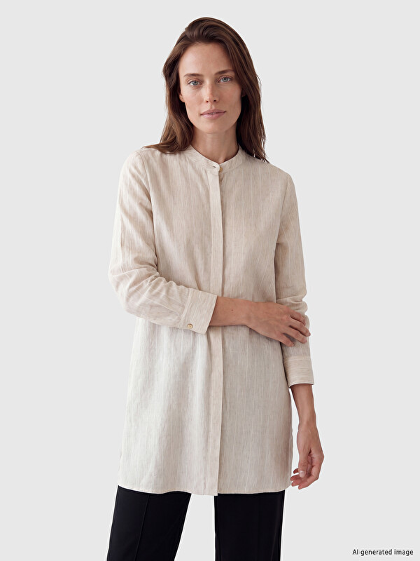 LCW Grace Çizgili Keten Karışımlı Kadın Gömlek Tunik