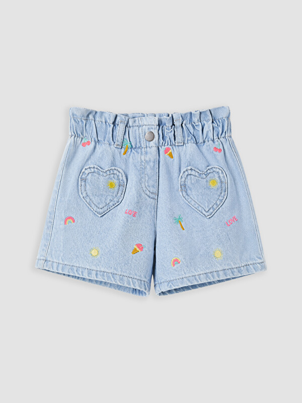 LCW Kids Beli Lastikli Nakışlı Kız Çocuk Jean Şort
