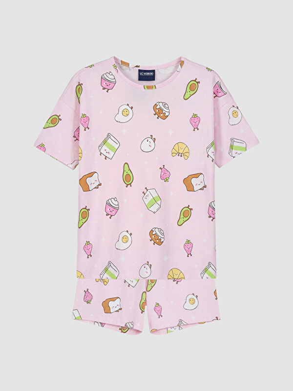 LCW Kids Bisiklet Yaka Baskılı Kız Çocuk Şortlu Pijama Takım