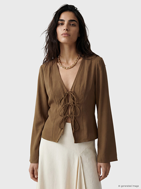 LCW Vision V Neck Tie Detail Blouse