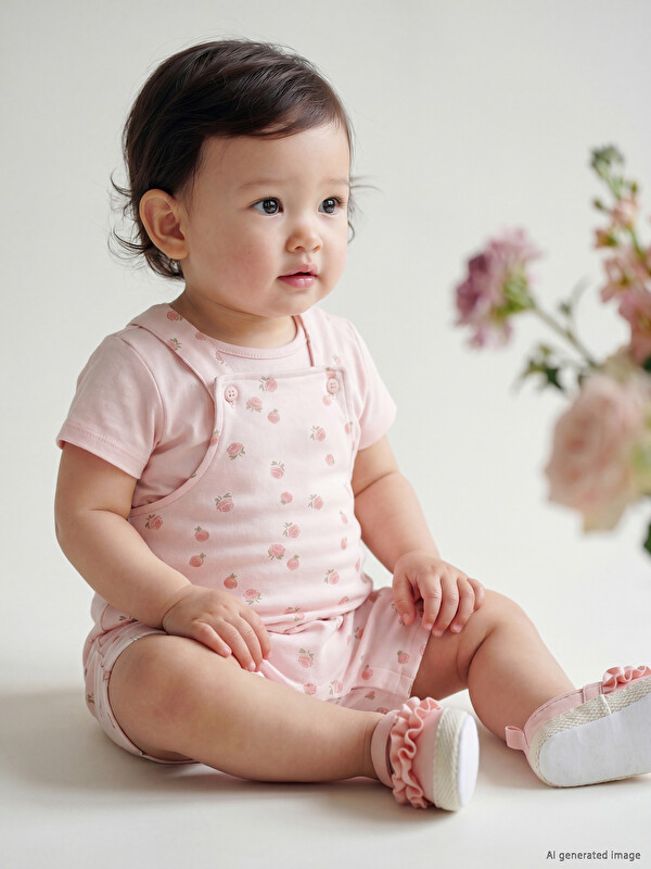 LCW baby Baskılı Kız Bebek Salopet ve Çıtçıtlı Body