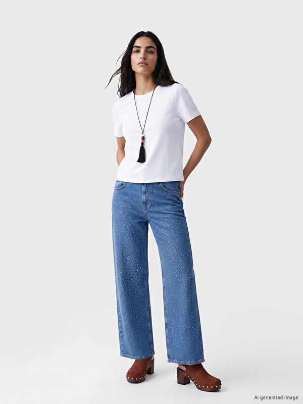 LCW Jeans Wideleg Taşlı Kadın Jean Pantolon