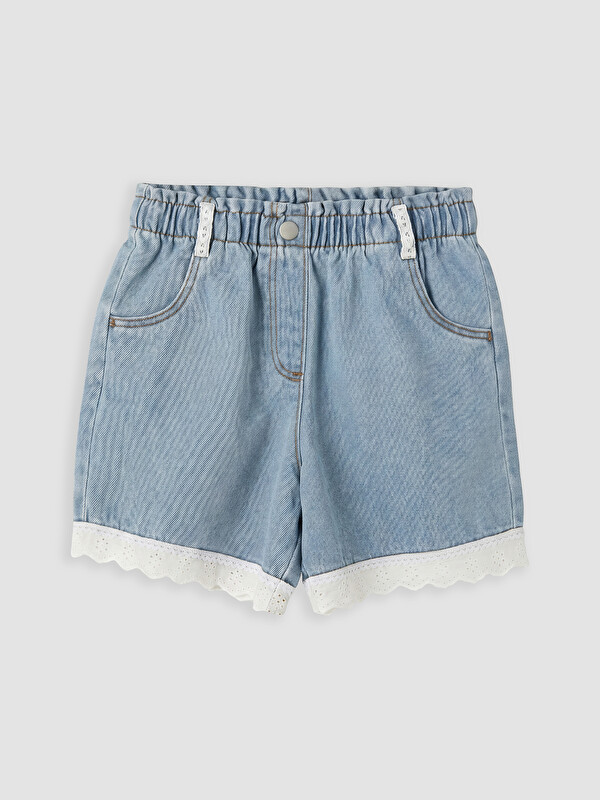 LCW Kids Elastic Waist Embroidered Girls' Denim Shorts