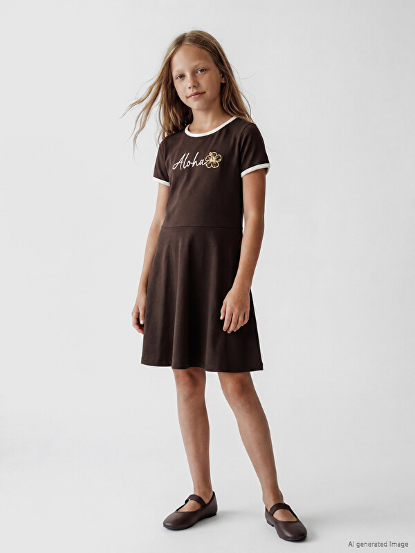 LCW Kids Bisiklet Yaka Baskılı Kız Çocuk Elbise