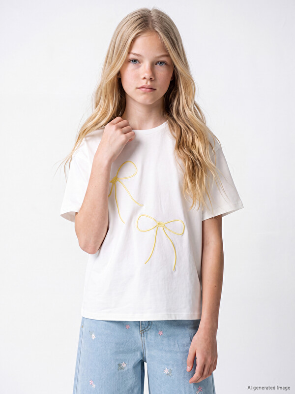 LCW Kids Crew Neck Bow Embroidered Girls' T-Shirt