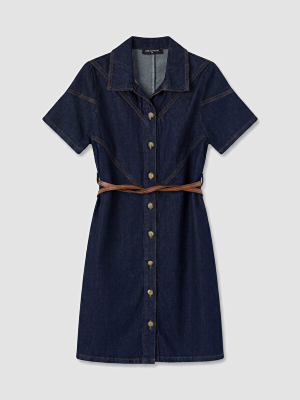 LCW Comfort Gömlek Yaka Kemerli Mini Jean Elbise
