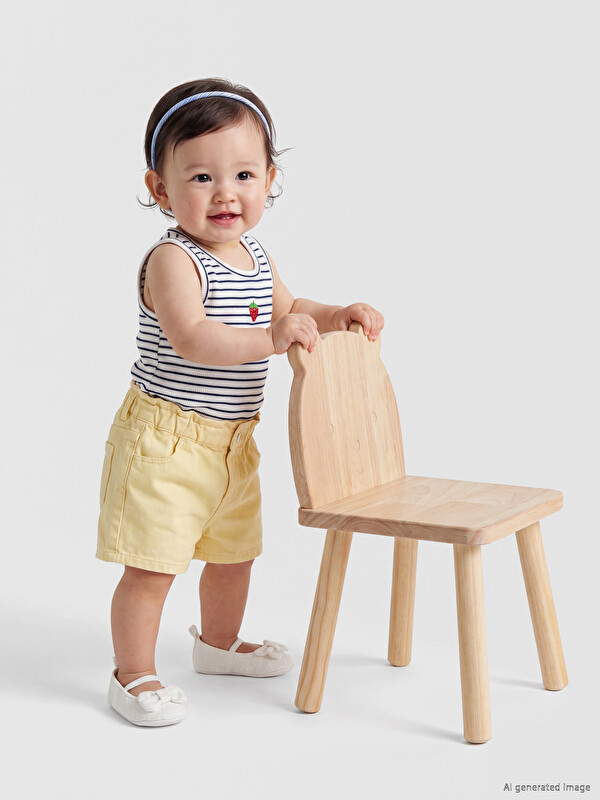 LCW baby Bisiklet Yaka Çizgili Nakışlı Kız Bebek Tişört