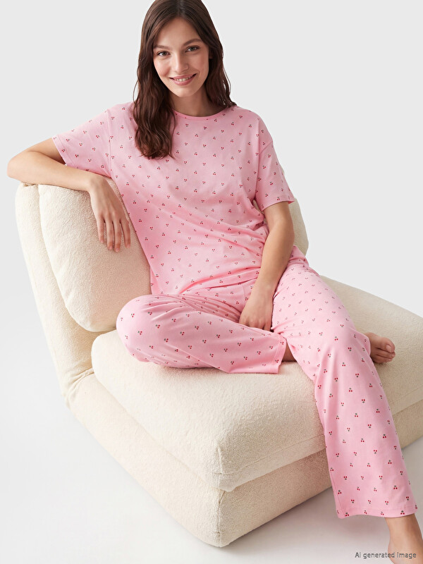 LCW DREAM Bisiklet Yaka Kiraz Baskılı Kadın Pijama Takımı