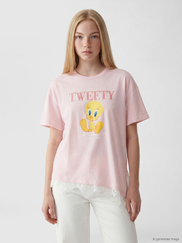 XSIDE Tweety Baskılı Dantel Detaylı Kadın Tişört