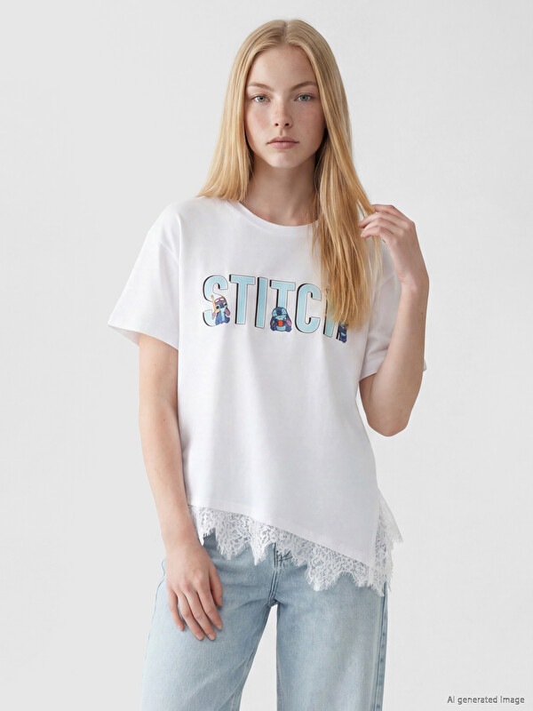 XSIDE Stitch Baskılı %100 Pamuklu Kadın Tişört