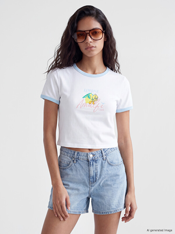 XSIDE Bisiklet Yaka Tweety Baskılı Kadın Crop