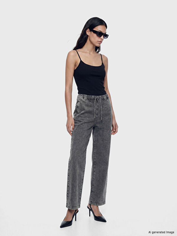 Natuvera Beli Lastikli Wideleg Kadın Jean Pantolon