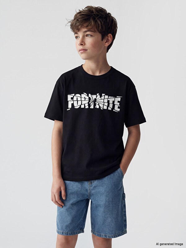 LCW Kids Bisiklet Yaka Fortnite Baskılı Erkek Çocuk Tişört