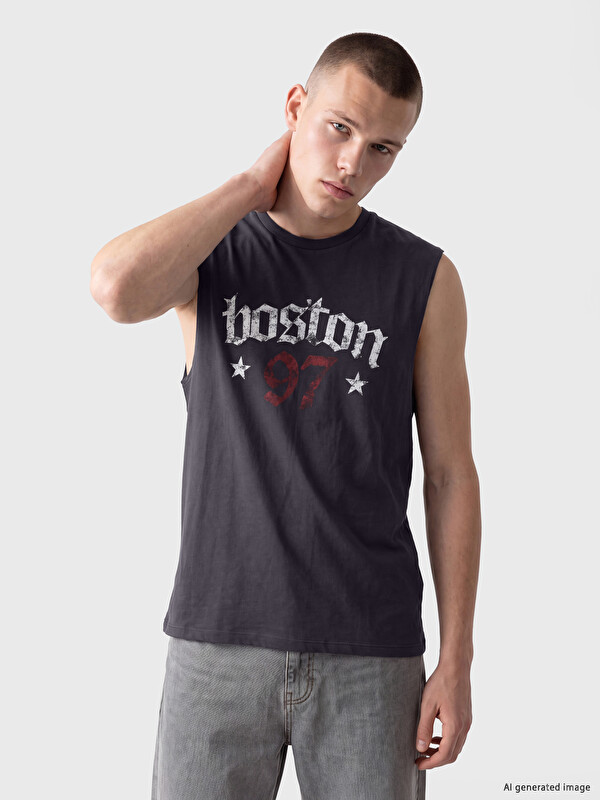 XSIDE Bisiklet Yaka Boston Baskılı Kolsuz Erkek Tişört